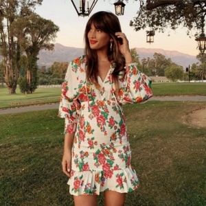 Rhode Resort Anya white floral puffed sleeve smocked bodycon ruffle dress NWT